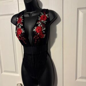 La Vie En Rose Black Lace Bodysuit with Red Rose Embroidery
